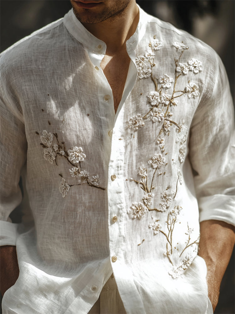 Camisa Lino Bordada Adriano Blanco — bordado de almendro