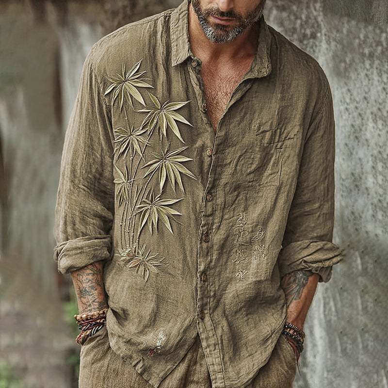 Camisa Lino Bordado Bambú Japonés Khaki — modelo Vintage Bamboo