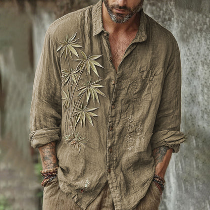 Camisa Lino Bordado Bambú Japonés Khaki — modelo Vintage Bamboo