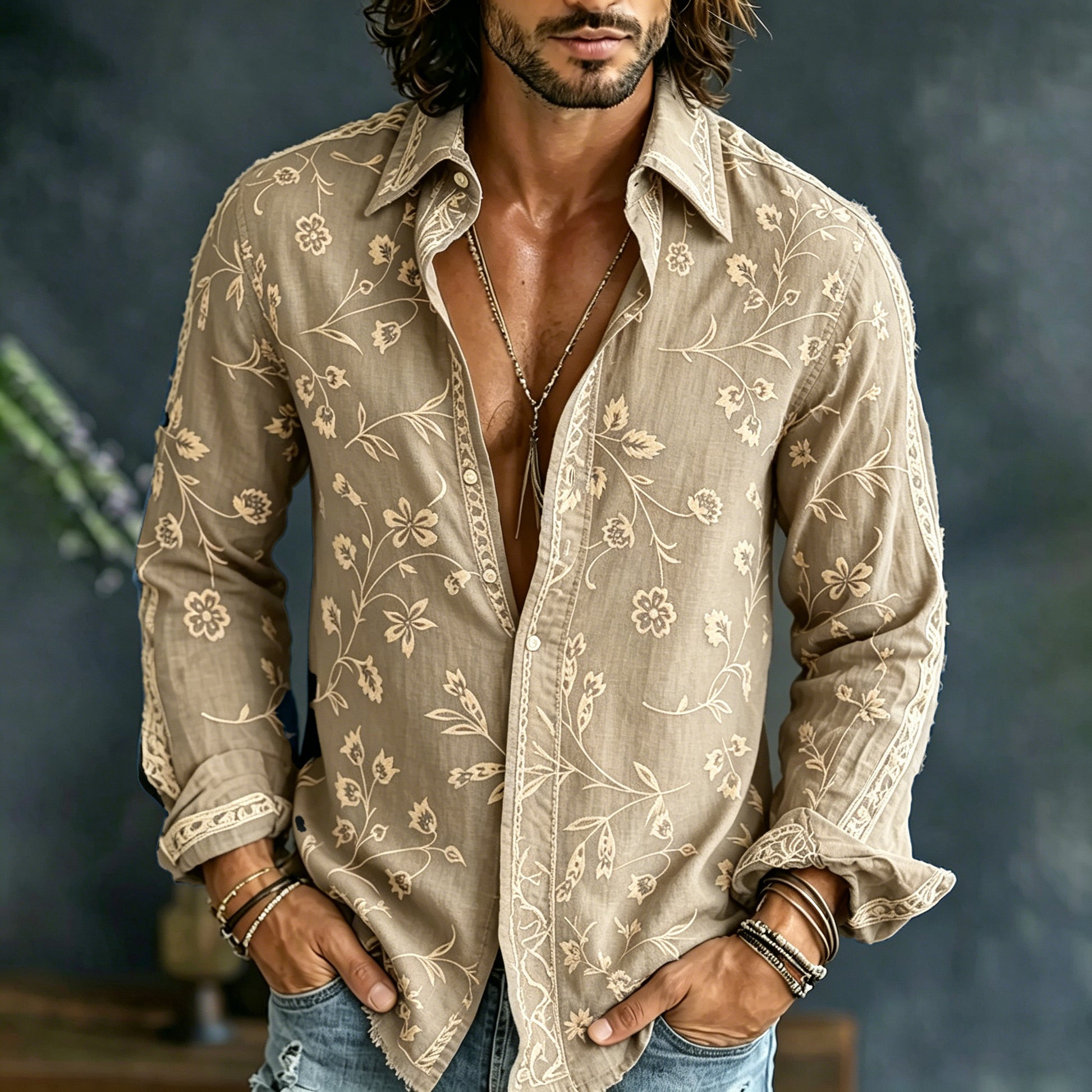 Camisa Lino Bordada Adriano Vintage Beige — bordado vintage spring floral