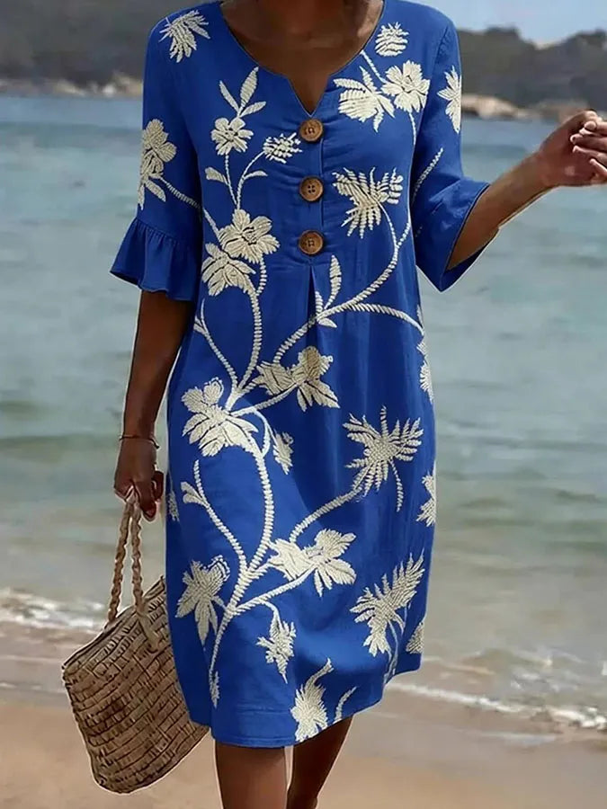 Vestido Midi Inés Azul Royal Floral — frontal completo