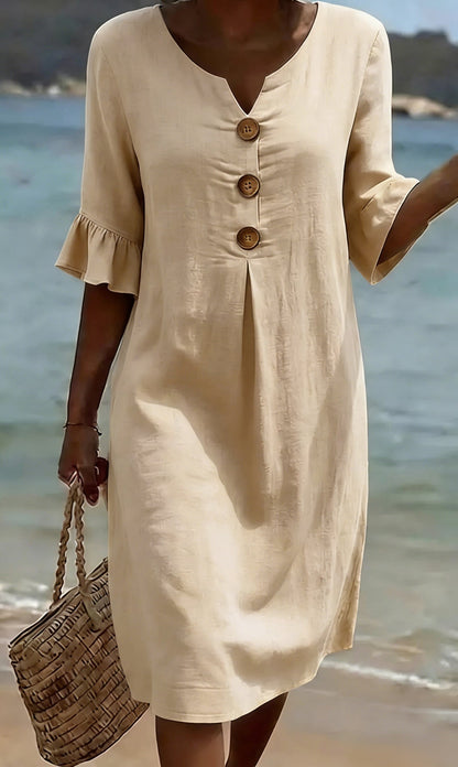 Vestido Midi Inés Beige Arena — frontal completo