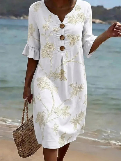 Vestido Midi Inés Blanco Floral — frontal completo