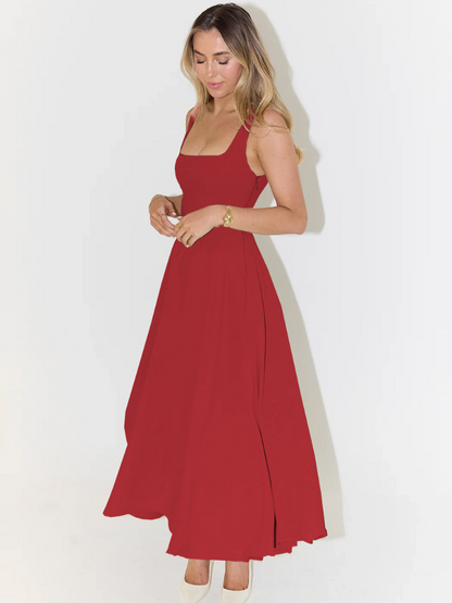 Vestido Maxi Paula rojo — vista 3/4 con botines